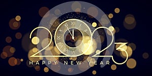 Happy New Year 2023. Gold numbers and clock with five minutes countdown