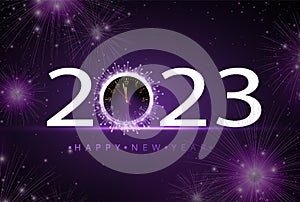Happy New Year 2023. Gold numbers and clock with five minutes countdown
