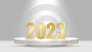 Happy New Year 2023. Gold numbers on a white podium with illumination .Vector