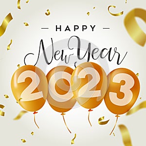 Happy New Year 2023 gold party balloon greeting card