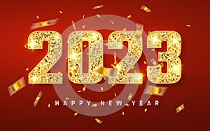 Happy New Year 2023, gold shiny glitter glowing numbers design of greeting card, Vector illustration