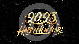 Happy New Year 2023 Gold Spark glitter on dark celebration background.