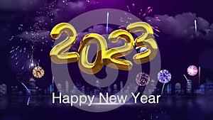 Happy New Year 2023 golden foil balloons on fireworks background