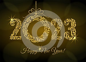 Happy New Year 2023. Golden glitter Numbers and Christmas wreath