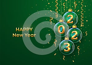 Happy New Year 2023. Golden metal 3D numbers 2023 in glass bauble. Hanging Christmas balls and glitter confetti. Greeting card.