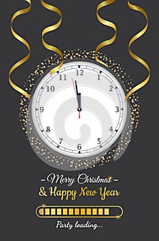 Happy New Year 2023. Golden metallic numbers 2023, gold watch with Roman numeral and countdown midnight with realistic confetti.