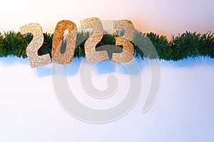 Happy New Year 2023. Golden numbers Christmas white background