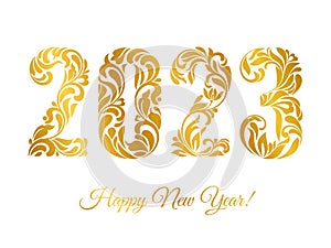 Happy New Year 2023. Golden numbers with made in floral ornament isolated on a white background.