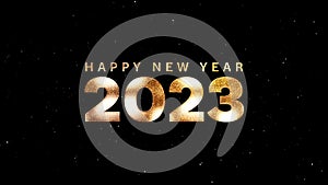 Happy New Year 2023 golden particles bokeh black background