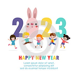 Happy new year 2023 greeting card Colorful Merry Christmas kids background, happy children with party HNY, year of the rabbit