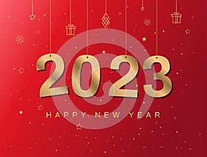 Happy new year 2023 greeting card. Hanging golden 2023 numbers. Glitter Background with gold stars. Chinese new year 2023. Vector