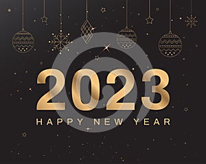 Happy new year 2023 greeting card. Hanging golden 2023 numbers. New year banner. Mary Christmas. Vector illustration