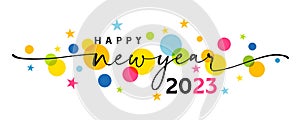 Happy new year 2023 greetings banner with swirl ribbon and colored stars