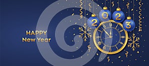 Happy New Year 2023. Hanging Blue Christmas bauble balls with realistic gold 3d numbers 2023 and snowflakes. Watch with Roman