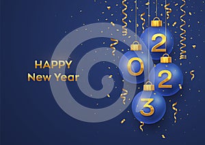 Happy New Year 2023. Hanging Blue Christmas bauble balls with realistic golden 3d numbers 2023 and glitter confetti. Greeting card