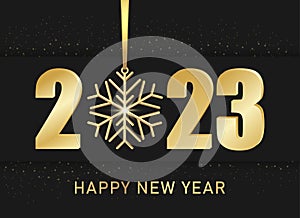 Happy New Year 2023. Hanging golden 3D numbers with ribbon on a black background. Vector