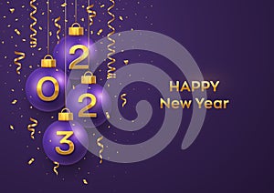 Happy New Year 2023. Hanging purple Christmas bauble balls with realistic golden 3d numbers 2023 and glitter confetti. Greeting