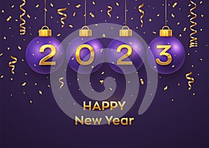 Happy New Year 2023. Hanging purple Christmas bauble balls with realistic golden 3d numbers 2023, glitter confetti. Greeting card