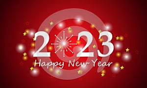 Happy New Year 2023 with luxury white numbers and golden splash. Festive banner, postcard. Vector