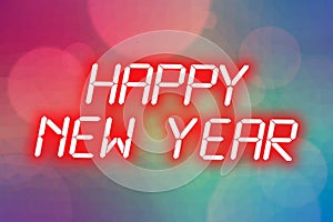 Happy New Year 2023 Neon Light On Bokeh Colorful Lights Background.