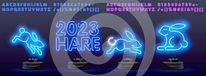 Happy new year 2023 in neon style. Set of bunny in simple one line style. Bunny icon on a color spot. 2023 year of the