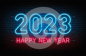 Happy New Year 2023. New Year and Christmas neon signboard with glowing text and numbers. Neon light effect for background, web