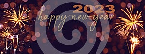 HAPPY NEW YEAR 2023 / New Year`s Eve Holiday Event Party Firework - Festive silvester background panorama banner long - Golden