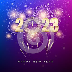 Happy New Year 2023. New Years banner with gold numbers with clock and firework