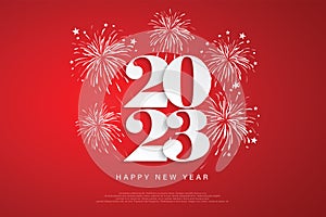 Happy New Year 2023 number design for posters, brochures, banners, websites, on red backgrounds and fireworks.