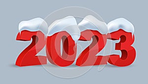 Happy New Year 2023. Numbers under snow. Christmas decoration. Celebrate party 2023. 3d vector elements