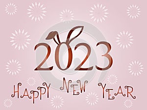 Happy New Year 2023 with rabbit ears, vector illustration bright on light pink background, text Happy New Year and fireworks