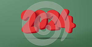 Happy New Year 2023. Realistic 3d composition of big red numbers on green backdrop, rounded render soft illustration