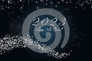 Happy New Year 2023. Sparkling burning numbers Year 2023 with stars and bokeh on blue background