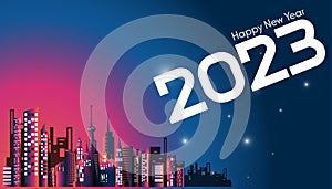 Happy new year  2023  text - Building in the city Colorful -  modern design Idea and Concept  Vector illustration  with fireworks