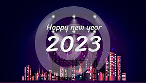 Happy new year  2023 text label,spot light - Building in the city and Fireworks -Creativity modern Idea and Concept illustration -