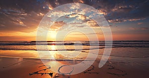Happy New Year 2023 text in sand, ocean sunrise on the beach shore. Golsen sea sunset