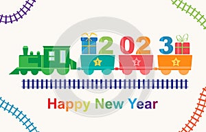 Happy New Year 2023 train with gifts vector