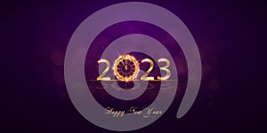 Happy New Year 2023. Vector illustration with gold clock