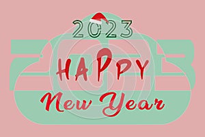 Happy new year 2023. White paper numbers with golden Christmas decoration and confetti on red background. Holiday greeting card