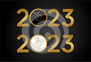 Happy new year 2023. White paper numbers and golden numbers on black background. Holiday greeting card design.