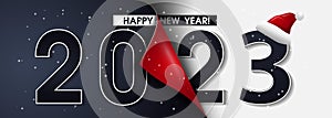 Happy New Year 2023 winter holiday greeting card design template. End of 2022 and beginning of 2023. The concept of the