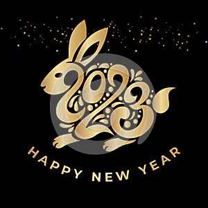 Happy New year 2023. The year of the rabbit of lunar Eastern calendar. Creative rabbit, bunny logo and number 2023 on a black