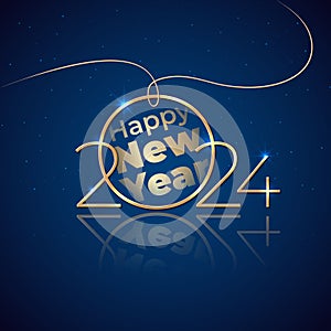 Happy New Year 2024, 24. Holiday greeting card. Shiny golden 2024 on blue background. New Year design for invitation, calendar,
