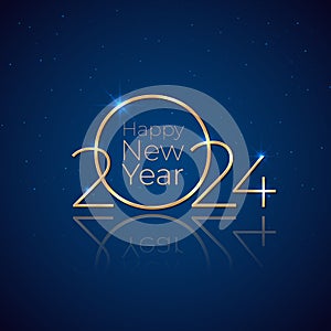 Happy New Year 2024, 24. Holiday greeting card. Shiny golden 2024 on dark blue background. New Year design invitation, calendar,