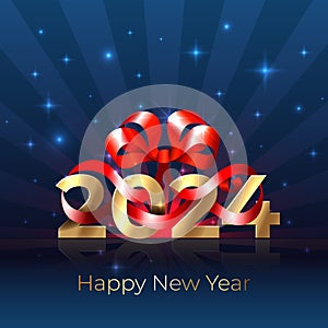Happy New Year 2024, 24. Shiny golden 2024 with red ribbon, bow on blue background. Holiday greeting card. New Year design for