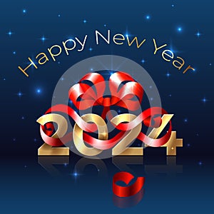 Happy New Year 2024, 24. Shiny golden 2024 with red ribbon, bow on blue background. Holiday greeting card. New Year design for