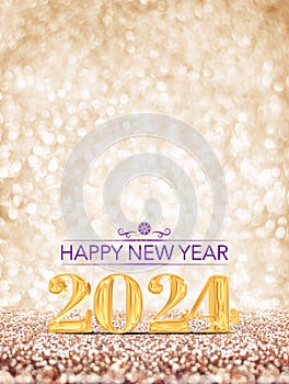 happy new year 2024 3d rendering gold color on gold glitter background