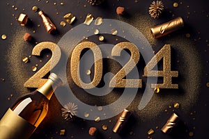 Happy New Year 2024 background. Holiday greeting card design with champagne bottle and festive decorations. AI generated image