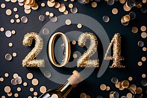 Happy New Year 2024 background. Holiday greeting card design with champagne bottle and festive decorations. AI generated image