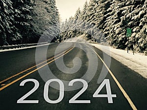 Happy New Year 2024 On Beautiful Highway Road And Greeting Card.